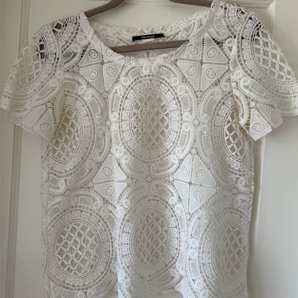Blue Tassel (by Anthropologie) White Lace Blouse